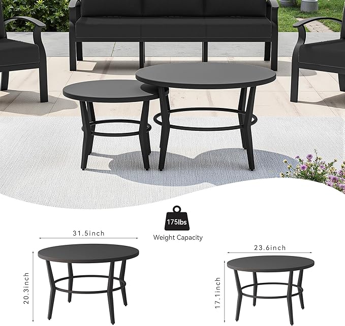 Kullavik Aluminum Patio Furniture Set with 2 Round Coffee Tables,5-seat Metal Outdoor Sectional Furniture w/5.1" Cushions,Patio Conversation Sets for Garden,Backyard,Porch-Black