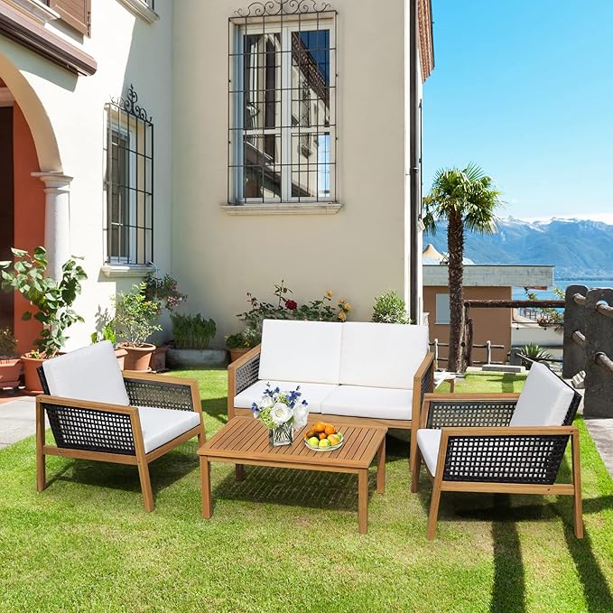 4 Pieces Outdoor Acacia Wood Furniture Set, PE Wicker Conversation Set with Coffee Table and Soft Cushions, Sofa for Garden, Poolside and Backyard (1, Off White)