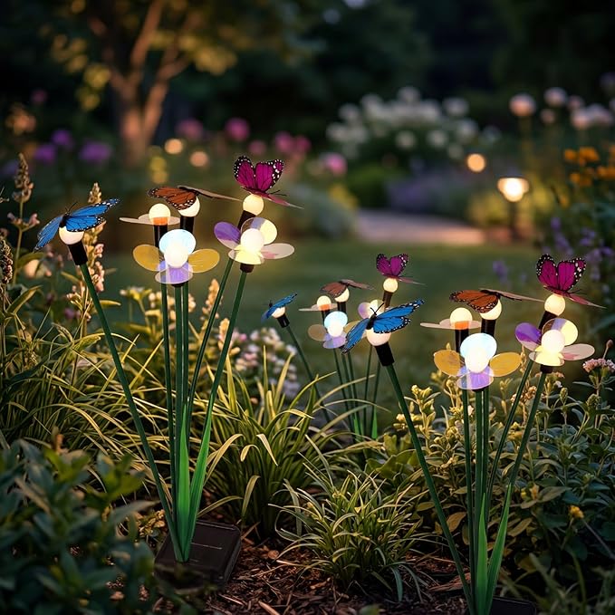 Hoikwo Solar Garden Flower Lights 4 Pack, Swaying Butterfly Flower Stakes Outdoor, Lifelike Butterflies and Flowers with 6 LED Warm Lights, Solar Lights Decor for Yard, Patio, Garden, Pathway