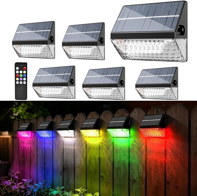 FVTLED Solar Fence Lights Outdoor, RGBW Color Changing Solar Wall Lights Outdoor with Remote Control, Waterproof LED Deck Light for Garden Yard Patio Deck Step Patio Wall (6 Pack)