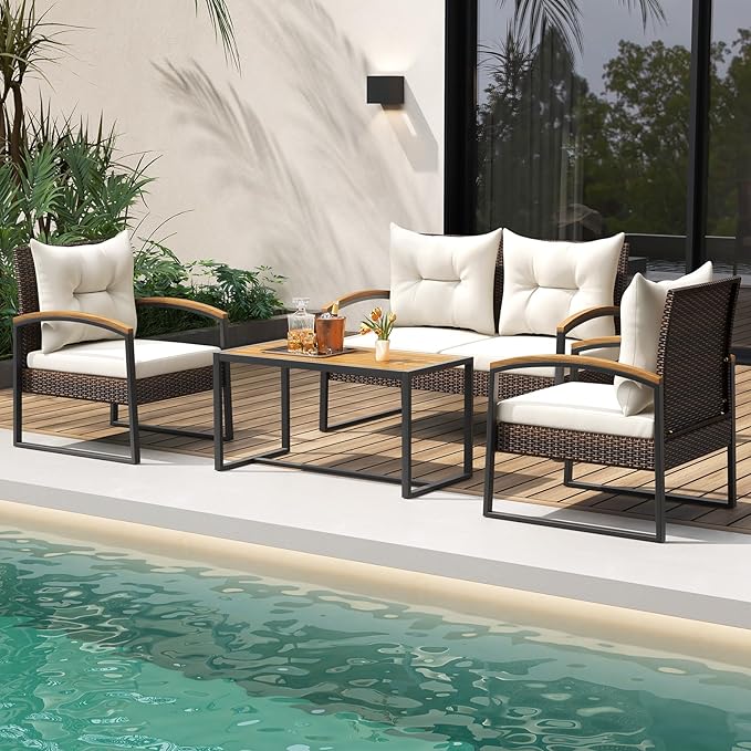 Tangkula 4 Piece Patio Conversation Set, with Heavy Duty Solid Acacia Wood Armrests & Tabletop, Outdoor Cushioned Wicker Furniture Set for Backyard, Poolside, Lawn, Balcony (1, Off White)