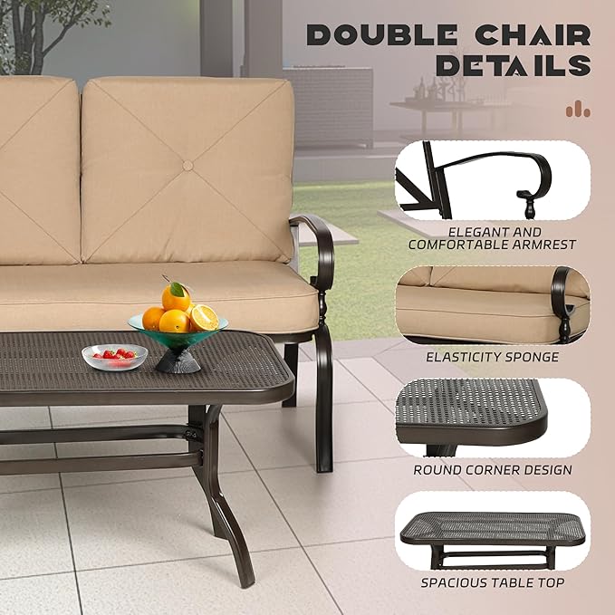 Incbruce 4-Piece Outdoor Metal Furniture Set: Wrought Iron Patio Conversation Set (Loveseat, Coffee Table, 2 Chairs) - Steel Frame with Brown Cushions