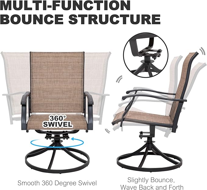 NUU GARDEN 5-Piece Outdoor Dining Set for 4, Metal Square Table with Umbrella Hole and Wood-Grain Top with 4 Patio Swivel Rocking Textilene Chairs for Porch Backyard Garden Poolside Black Brown