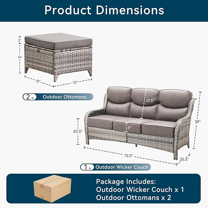 Luxury 3 Pieces Patio Furniture Sets-All Weather Wicker Rattan 3-Seat Sofa Set with Comfy 6" Cushion, Multifunctional Ottomans Patio Conversation Set for Deck Backyard Garden(Grey/Grey)