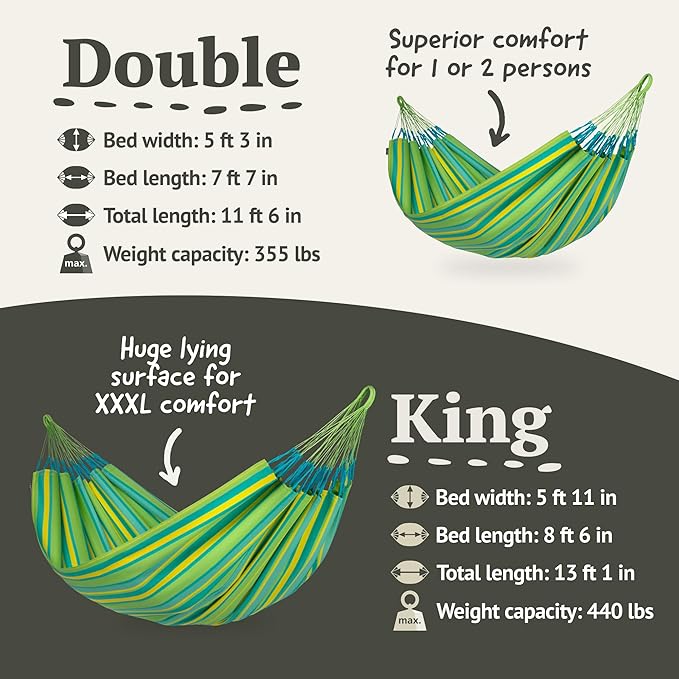 LA SIESTA Brisa Classic Hammock, Handmade, Weather-Resistant, Tear-Resistant Hammock for Indoor & Outdoor Relaxation, Size-King - Lime