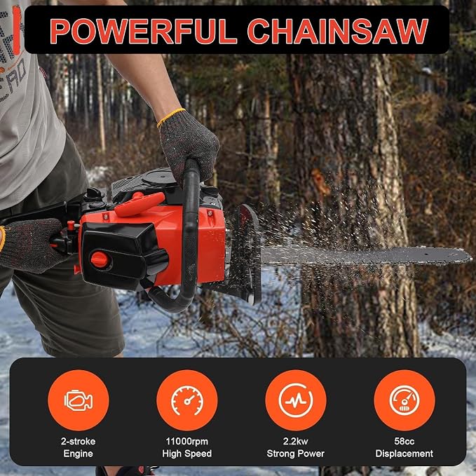Gas Chainsaw, 2 Stroke Gas Powered Chainsaw, Gasoline Chainsaw Handheld Cordless Petrol Chain Saws for Tree Cutting, Gardens, Farms (18 Inch 58CC)