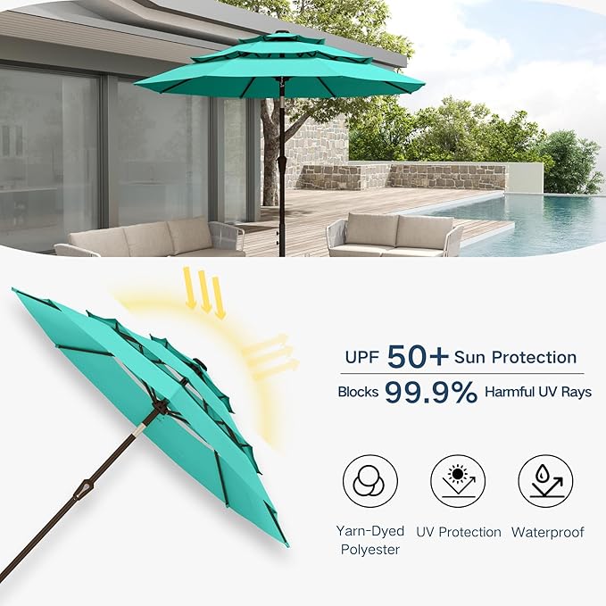 10FT Patio Umbrella 3 Tiers Outdoor Market Umbrella w/Push Button Tilt, Crank, UV and Waterproof Table Umbrella for Garden, Pool, Backyard, Deck, Lawn, Turquoise Blue