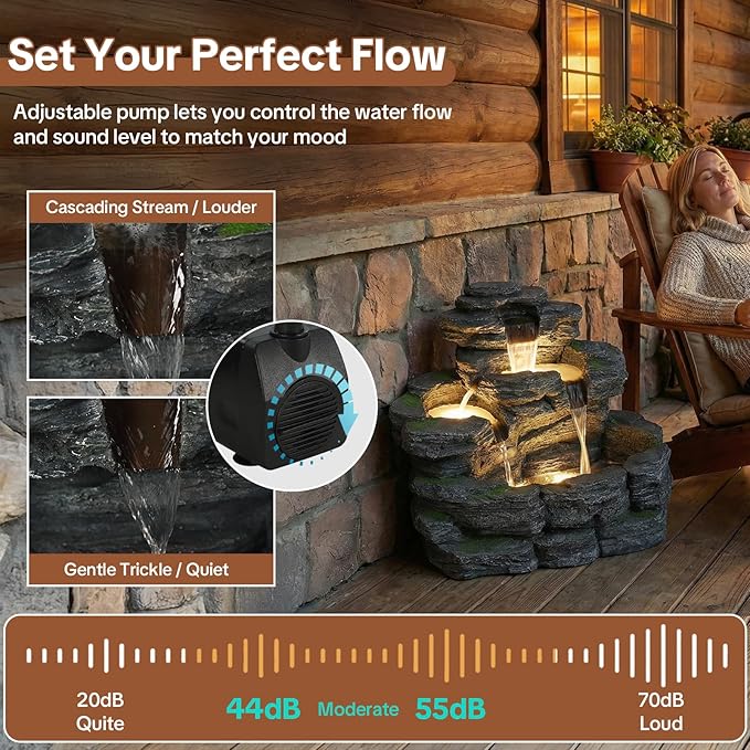 HOMEDIARY 4-Tier Outdoor Water Fountain, 29.7" L Rustic Rock Waterfall Fountain with LED Lights, Stone Texture Floor-Standing Resin Water Feature with Realistic Moss Accents for Patio, Porch & Indoor