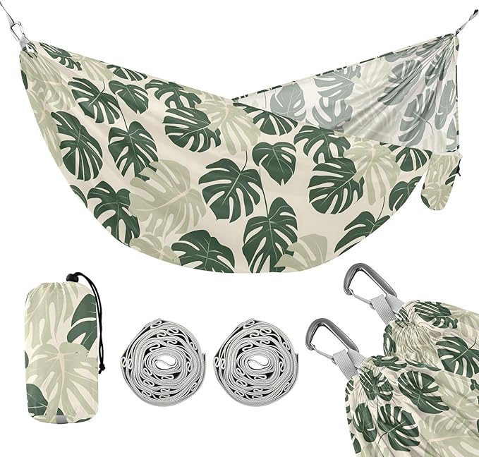 Camping Hammock Outdoor Hammocks for Outside Green Tropical Plants Beach Trees Portable Lightweight with Pockets Tree Straps Indoor Small