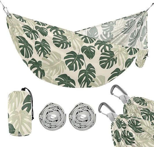 Camping Hammock Outdoor Hammocks for Outside Green Tropical Plants Beach Trees Portable Lightweight with Pockets Tree Straps Indoor Small