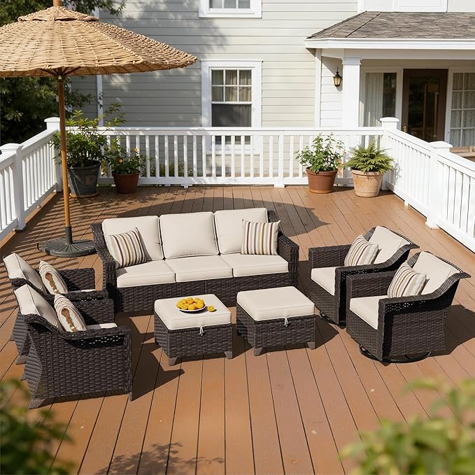 7 Pieces Patio Conversation Furniture Set - 1 Sofa, 2 Armchairs, 2 Ottomans, 2 Swivel Chairs, Outdoor Wicker Furniture with Removable Cushions for Porch, Balcony, Sunroom (Beige)