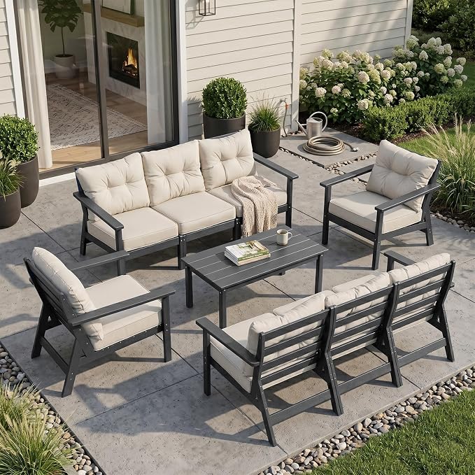 HDPE Patio Conversation Set 8 Seats, Outdoor Furniture Set, Patio Sofa Set | Water-Resistant Thick Cushion, HDPE All Weather, Wood-Grain, No Rot or Rust or Crack, UV Fade Shield, Easy-Clean for Outside