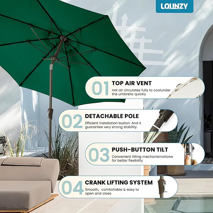 LOUNZY 9FT Large Outdoor Patio Umbrella Table Umbrella-UV Resistant,Easy Push Button Tilt and Crank,8 Sturdy Fiberglass Ribs Pool Umbrella for Patio,Backyard,Deck,Yard,Market