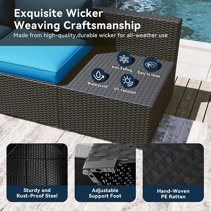 LazySunsets 8 Piece Outdoor Patio Furniture Set with 44'' Fire Pit Table, Outdoor Patio Furniture Set with Thicken Cushion, Wicker Rattan Outdoor Conversation Set for Backyard & Garden, Peacock Blue