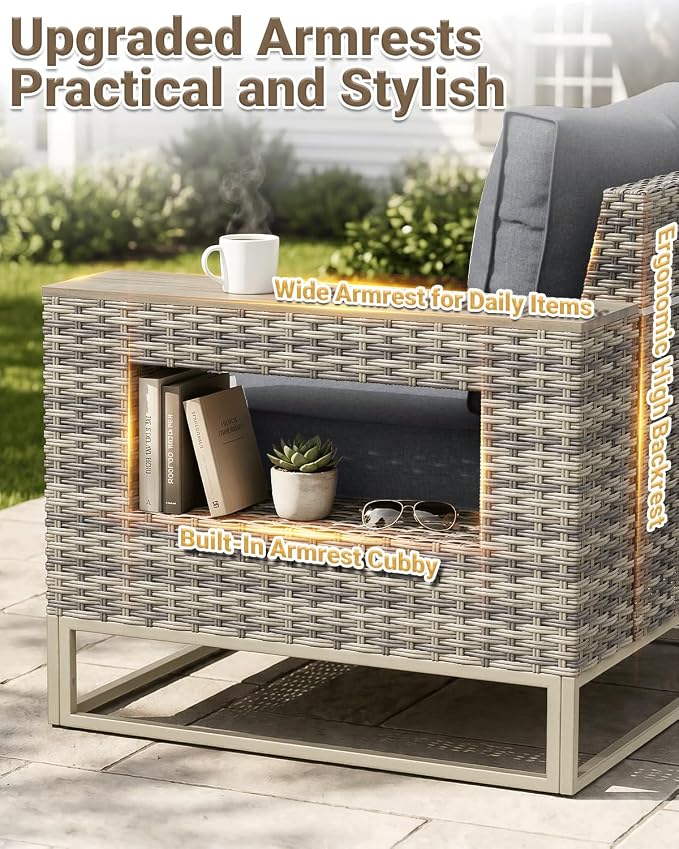 Outdoor Patio Furniture Set 8 Piece Gray PE Rattan Wicker Outdoor Sectional Sofa with Thickened Cushions and Chunky Arms, Modern Modular L-Shaped Conversation Set for Garden, Backyard, Slate Grey
