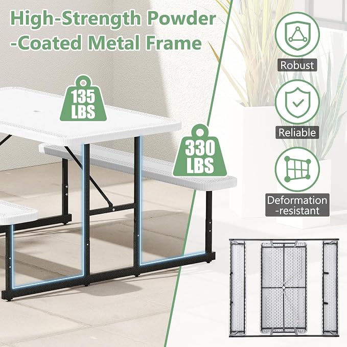 Tangkula Picnic Table, HDPE Outdoor Rectangular Table Bench Set with 2 Built-in Benches, Umbrella Hole, Metal Frame for 4 Person, Garden Yard Patio Lawn
