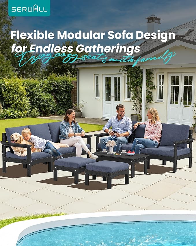 SERWALL 9 Pieces Patio Furniture Set, HDPE Outdoor Sectional Sofas, Outdoor Couch Set with Cushions and Coffee Table, Extra-Large Modular Conversation Set for Garden, Black Frame with Grey Cushion