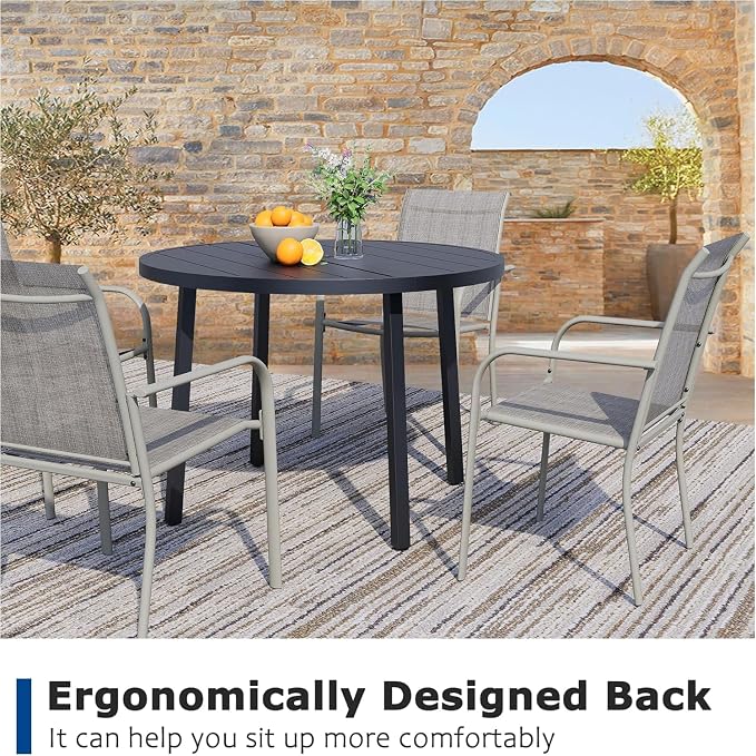 9 Pieces Patio Dining Set for 8, Grey Patio Stackable Chairs and Black Round Table Set of 8, Outdoor Furniture Set with Sling Support for Outside, Garden