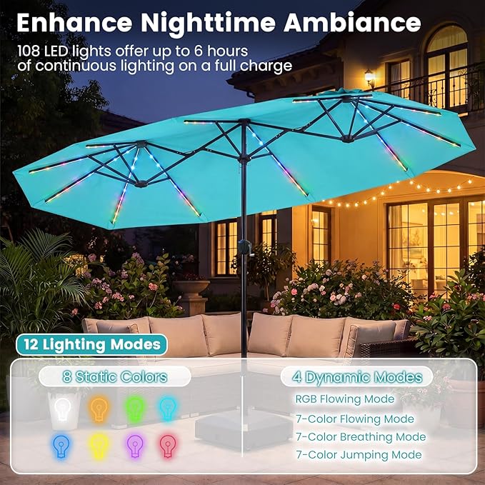 Tangkula 13 Ft Solar Patio Umbrella, Double-Sided Extra Large Outdoor Market Table Umbrella with Multi-Colored Flowing LED Lights, Crank Handle, 12 Sturdy Ribs for Poolside, Garden & Backyard (Turquoise)