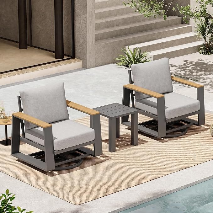Outdoor Swivel Patio Chairs Set of 3, Aluminum Large 3-Piece Outdoor Patio Conversation Furntiure Set with Side Table, Luxury Wider Seat & High Back Bistro Table and Chairs Set of 3, Gray
