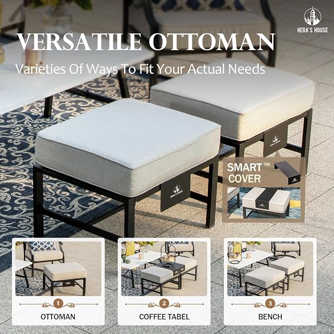 HERA'S HOUSE 6 Piece Patio Furniture Set, 2 x Rocking Cushioned Chair, 2 x Cushioned Ottoman, 1 x 3-Seat Sofa with Marbling Coffee Table, Outdoor Conversation Set for Lawn Garden Backyard