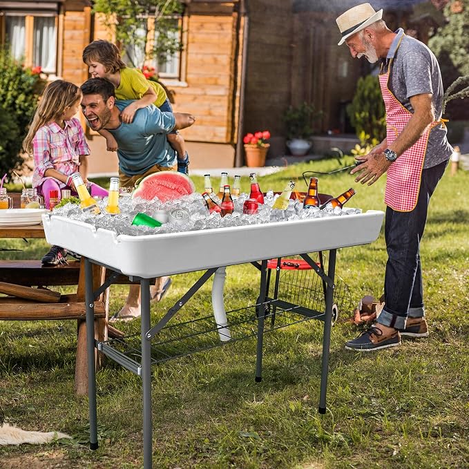 Ice Cooler Table with Skirt and Drain, Foldable Patio Cooler Table Keep Food Chill Fresh, Portable Fish Cleaning Station Outdoor for Party Picnic Camping BBQ