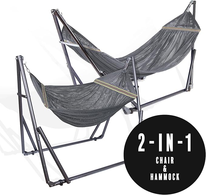 2 in 1 Hammock and Swinging Chair with Collapsible Steel Stand 450 lbs Capacity- Carrying Case, Portable & Adjustable, Perfect for Camping Beach Summer Patio, EZ Daze Foldable Hammock with Stand-Grey