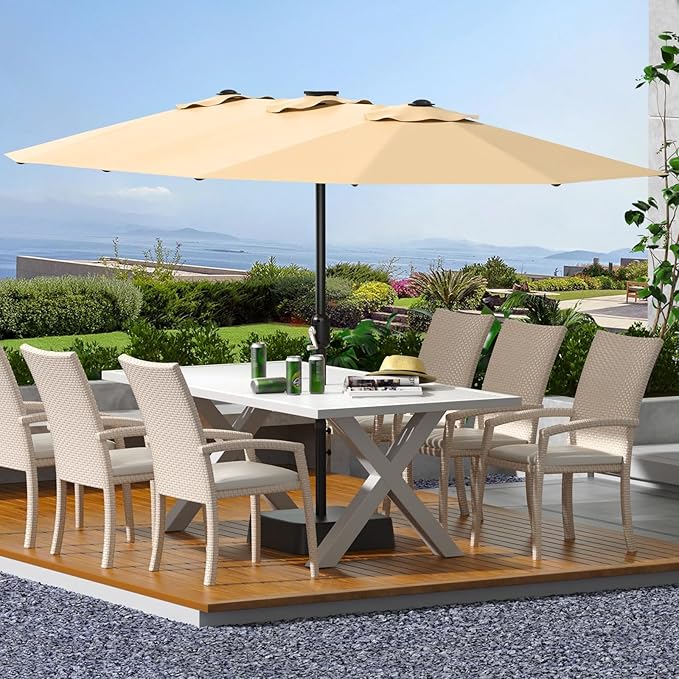 15FT Large Patio Umbrella with Base Included, Outdoor Double-Sided Rectangle Market Umbrella with Crank Handle for Pool, Lawn, Garden, Backyard, Beige