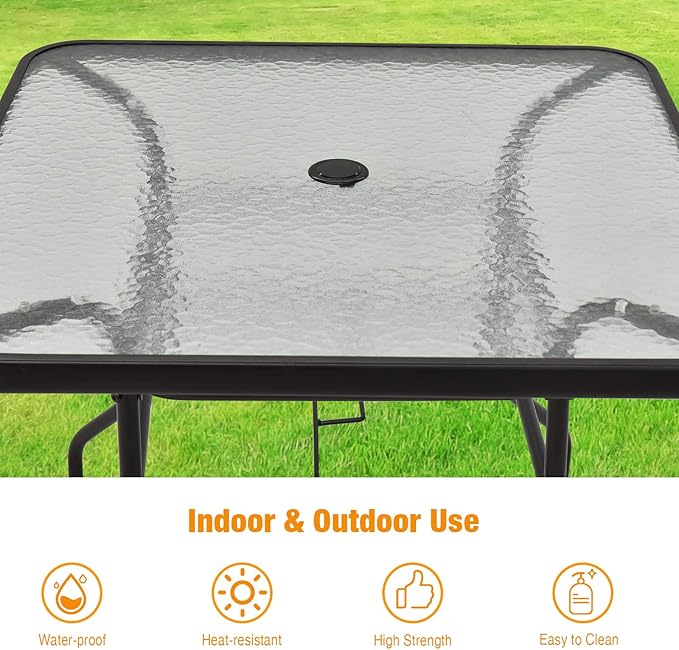 S AFSTAR Bistro Table Outdoor, Square Dining Coffee Table with Umbrella Hole & Tempered Glass Tabletop, Outdoor Patio Pub Table for Patio Garden Poolside Balcony Backyard, 32”L x 32”W x 28”H