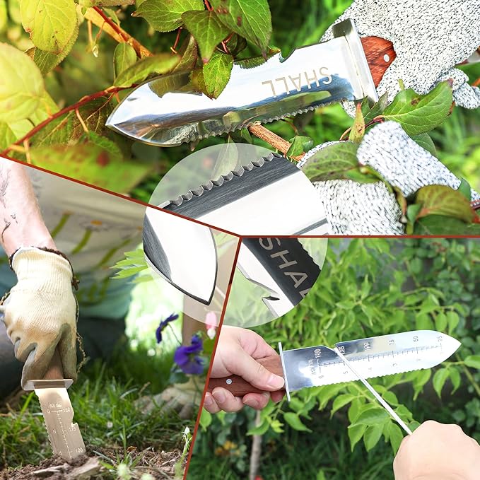 SHALL Hori Hori, Japanese Garden Knife, Soil Knife with Leather Sheath, Rosewood Handle & Hide Rope, 7” Stainless Steel Blade, Rope Cutting Edge, for Digging, Weeding, Planting, Full-Tang