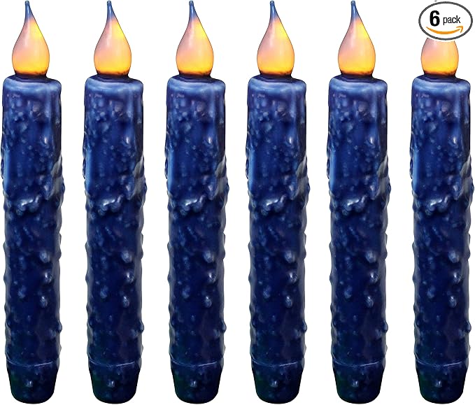 CVHOMEDECO. Real Wax Hand Dipped Battery Operated LED Timer Taper Candles Rustic Primitive Flameless Lights Decor, 6-3/4 Inch, Navy Blue, 6 PCS in a Package