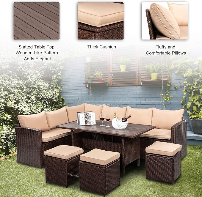 VINGLI 8 Pieces Outdoor Patio Furniture Set with Dining Table&Chairs, Wicker Patio Dining Set for 8, All Weather Outdoor Sectional Sofa Conversation Set with Ottoman