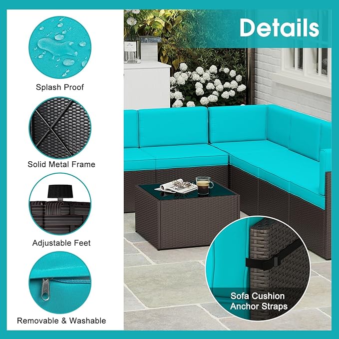 kinbor 7 Pieces Modular Patio Conversation Set - Outdoor Sectional Sofas with All-Weather Wicker, Thick Cushions & Glass Table for Garden, Backyard, Porch, Turquoise