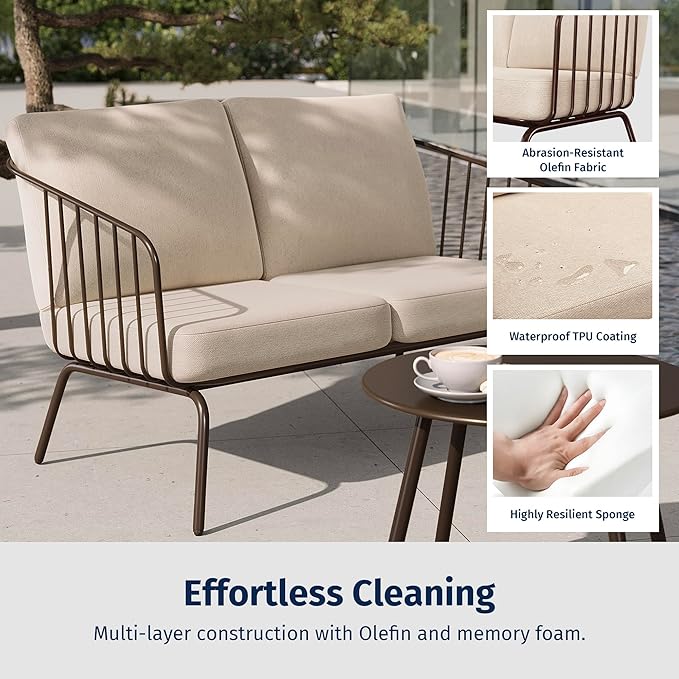 East Oak 4-Piece Plaza Patio Furniture Set, Outdoor Furniture with Thick Cushion Sofa and Coffee Table, Modern Patio Conversation Set for Garden, Backyard and Porch, Brown & Beige