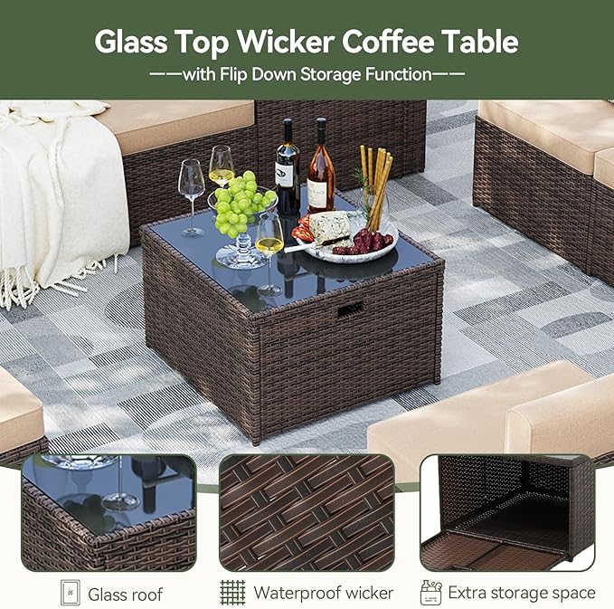 Aoxun 9 Piece Patio Furniture Set with 44” Fire Pit Table, Wicker Outdoor Furniture Set with Storage Box, Patio Sectional Set with Cushions and Waterproof Cover (Brown & Khaki)