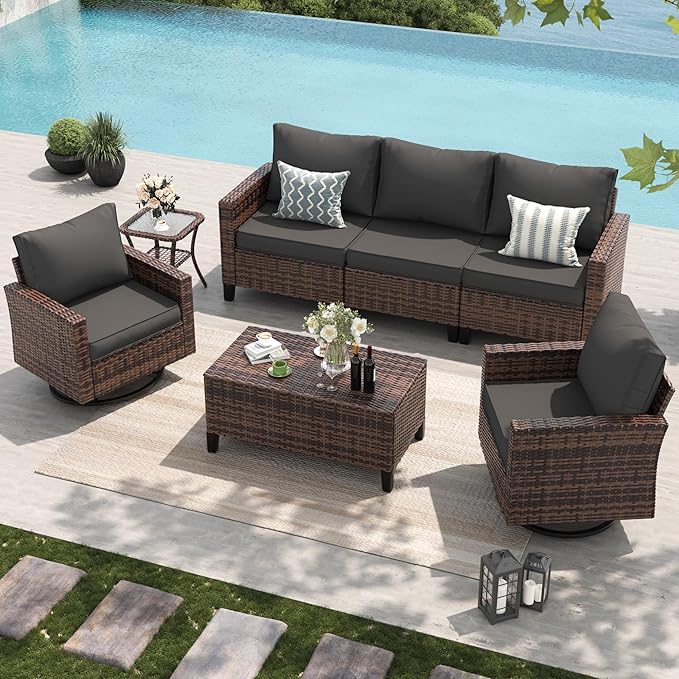 Amopatio Patio Furniture Set, 5-Piece Wicker Outdoor Sectional Sofa with Swivel Rocker Chairs, Rattan Conversation Set with Storage Coffee Table and Waterproof Cover for Backyard, Brown/Grey