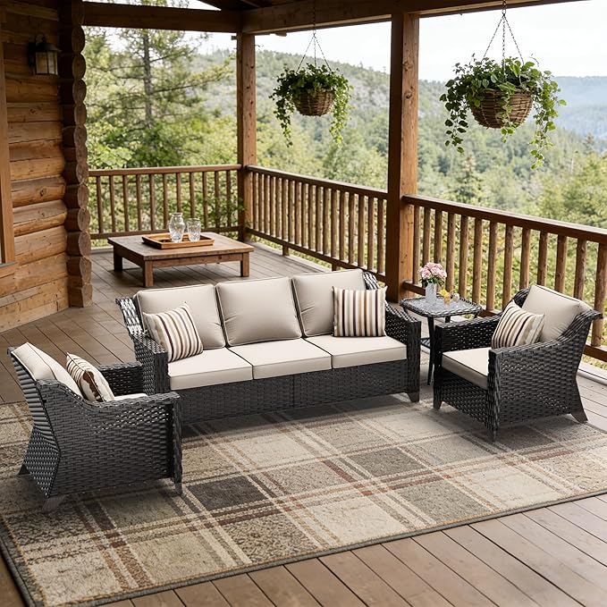 4 Pieces Patio Conversation Furniture Set - 1 Sofa, 2 Armchairs, 1 Side Table, Outdoor Wicker Furniture with Removable Cushions for Porch, Balcony, Sunroom (Beige)