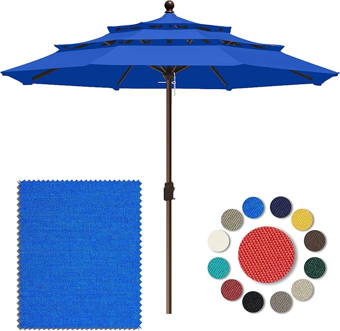 Eurmax USA 10-Year-Non-Fading 10FT 3-Tier Outdoor Patio Market Umbrella,UPF50+ UV Resistant,Heavy Duty Commercial Grade,Crank Lift Design,Windproof Vented Top for Garden,Pool,Deck,Pacific Blue