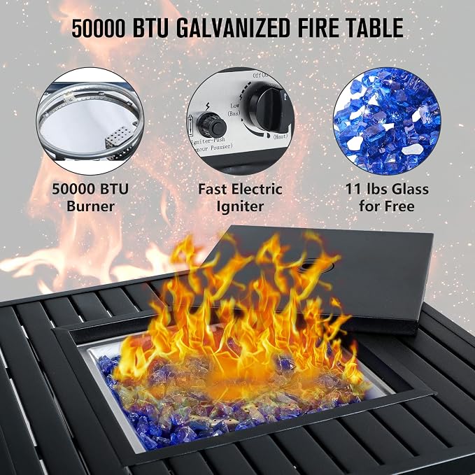 PHI VILLA 5 Piece Patio Dining Set with Firepit Table, 4 Padded Textilene Swivel Outdoor Dining Chairs with Metal Frame & 28 Inch 50000 BTU Auto-Ignition Propane Gas Fire Pit Table