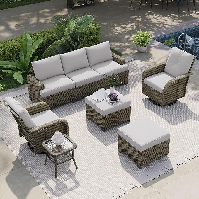 LazySunsets Luxury Patio Furniture Set，All-Weather Patio Sectional Sofas with Thickened Cushions, 8 Piece Outdoor Furniture Sectional Set with Swivel Rocker Chairs of 2，Grey