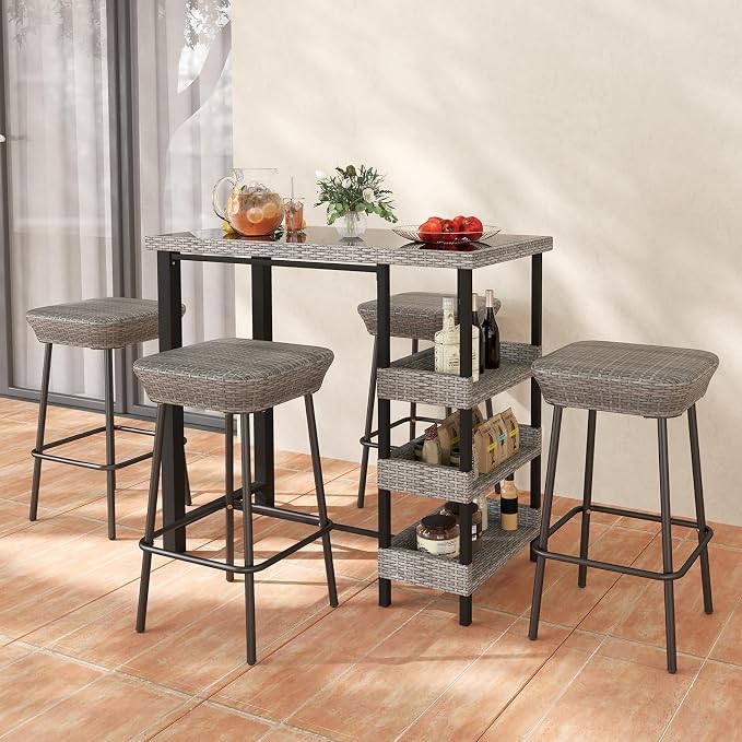 Tangkula 43.5” Outdoor Bar Table, Wicker Bar Height Dining Table w/Tempered Glass Top & 3 Rattan Shelves, Patio Metal Furniture w/Storage for Backyard, Poolside, Porch (Mix Gray)