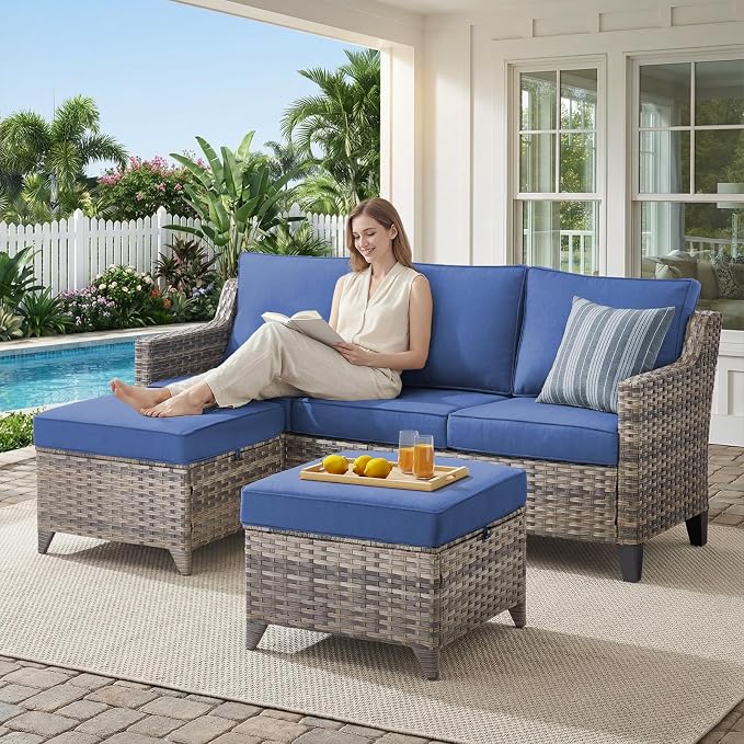 Belord Patio Wicker Swivel Rocker Patio Chairs with 3-Seater Sofa, Outdoor Rattan Chairs for Deck Porch Poolside, 7 Piece Patio Conversation Furniture Set,Blue