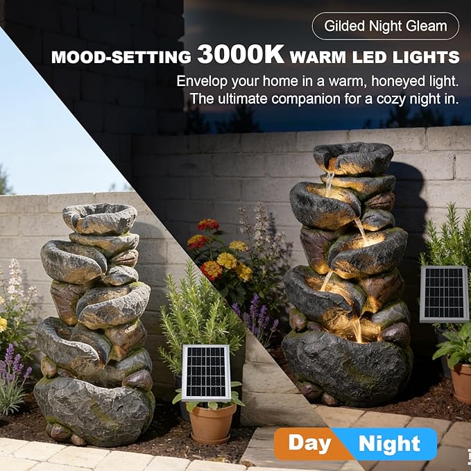 36.2" H Solar Water Fountain Outdoor Garden, 5-Tiers Cascading Rock Waterfall Fountain with 3000K Warm LED Lights & Battery Backup, IP64 Weatherproof Resin Fountain for Patio, Porch, Backyard, Deck