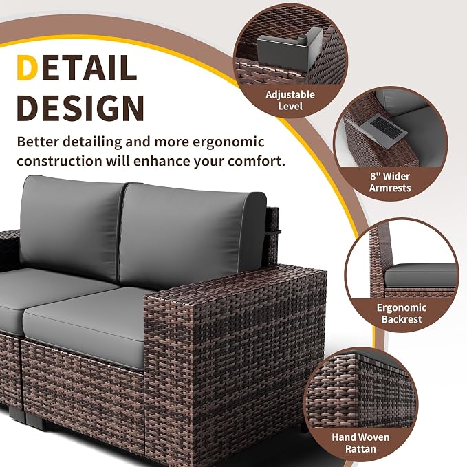 Patio Furniture with Fire Pit Table,8‘’ Wide armrest Outdoor Sectional Rattan Sofa Set, Wicker Patio Furniture Sets w/Coffee Table,Thick Cushions and Cover for Porch, Balcony,7PC (Brown&Grey)