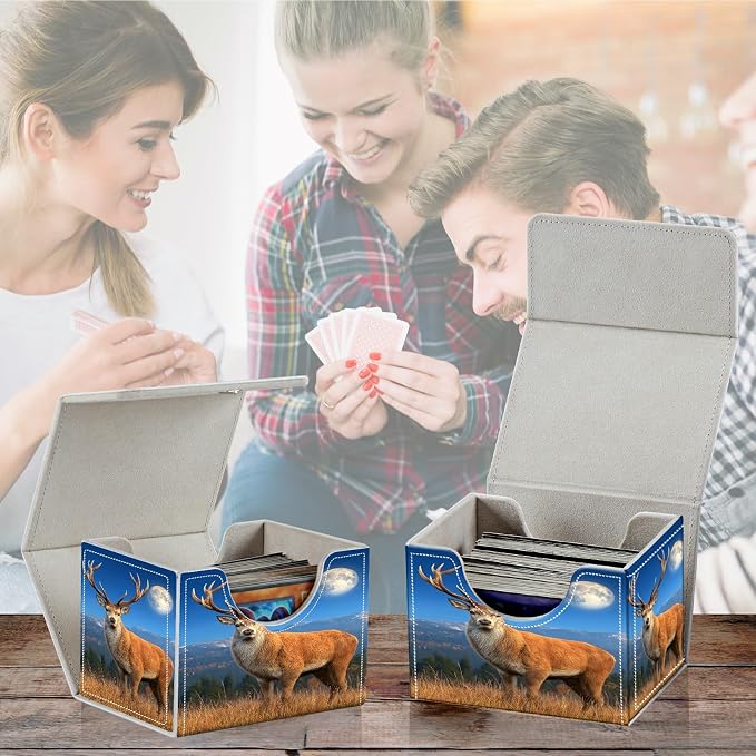 Card Deck Box for MTG, Cards Storage Box Fits 120+ Sleeved, Leather Small Size Strong Magnetic Closing Card Case for Board Games Magic TCG CCG Baseball Collection, Grassland Deer