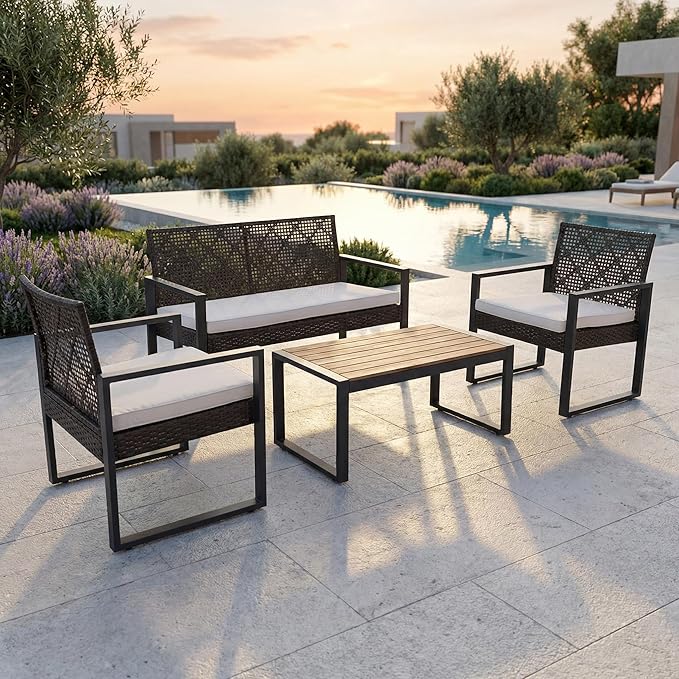 OVENTA Outdoor Patio Furniture Set, 4 Piece Rattan Chairs with Coffe Table for Backyard, Balcony, Deck, Front Porch, Patio Conversation Seating Sets for Outside, Juego Muebles de Exterior(Brown)