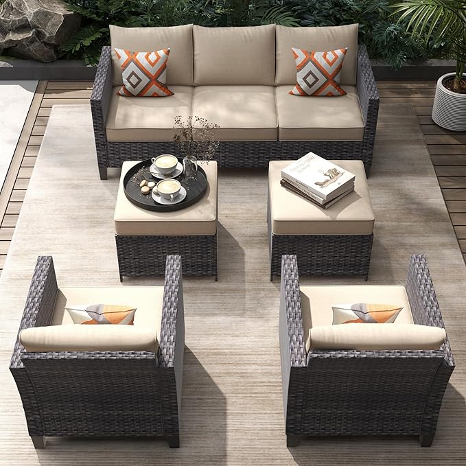 HOOOWOOO Patio Conversation Sets,5 Piece Wicker Outdoor Furniture Set with Ottoman,All Weather Resistant Modern Outside Out Door Rattan Couch Chairs Set,Beige