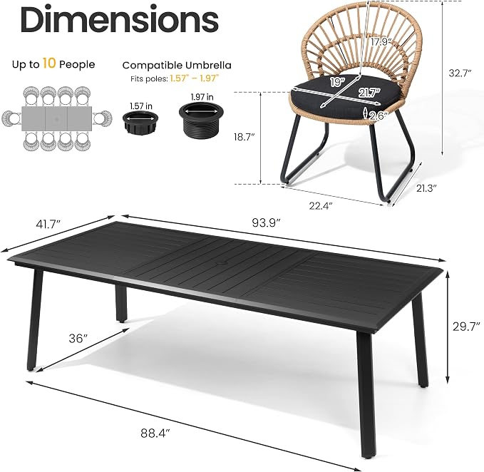 11 Piece Aluminum Outdoor Dining Set with Rattan Patio Chairs | 94" Large Rectangle Table with Umbrella Hole, 10 Shell Shaped Rattan Side Chairs with Black Cushions for Garden Deck