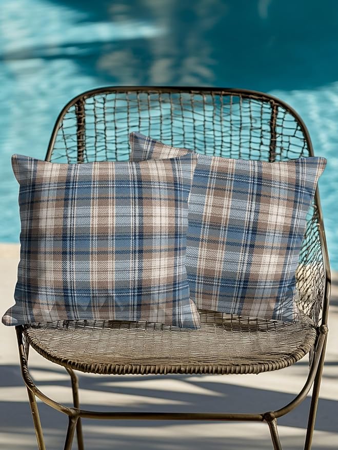 Waterproof Outdoor Pillow Set of 2 Beige Checked Plaid Decorative Throw Pillows Cover & Insert 18x18 Inch Pillowcase Stripes Woven Grid Square Pillows for Couch Sofa Bed Patio Furniture Indoor Outdoor