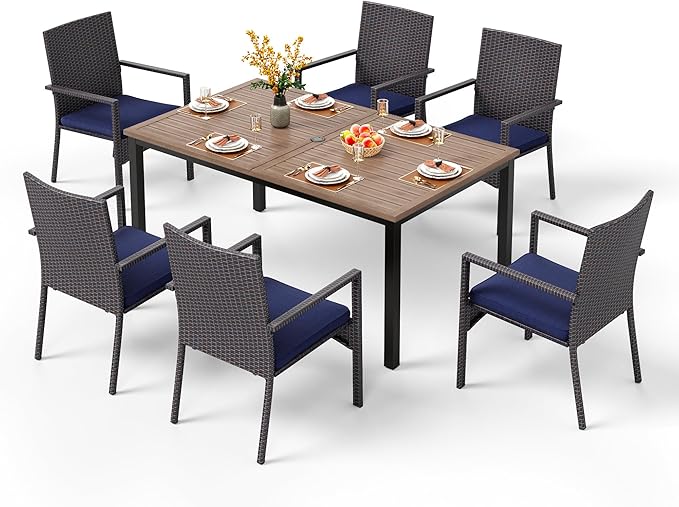 PHI VILLA 7 Pieces Outdoor Dining Set for 6, 65” Wood-Like Metal Rectangle Dining Table & Rattan Wicker Chairs with Cushions, Large Dining Furniture Set for Patio, Deck, Porch, Yard